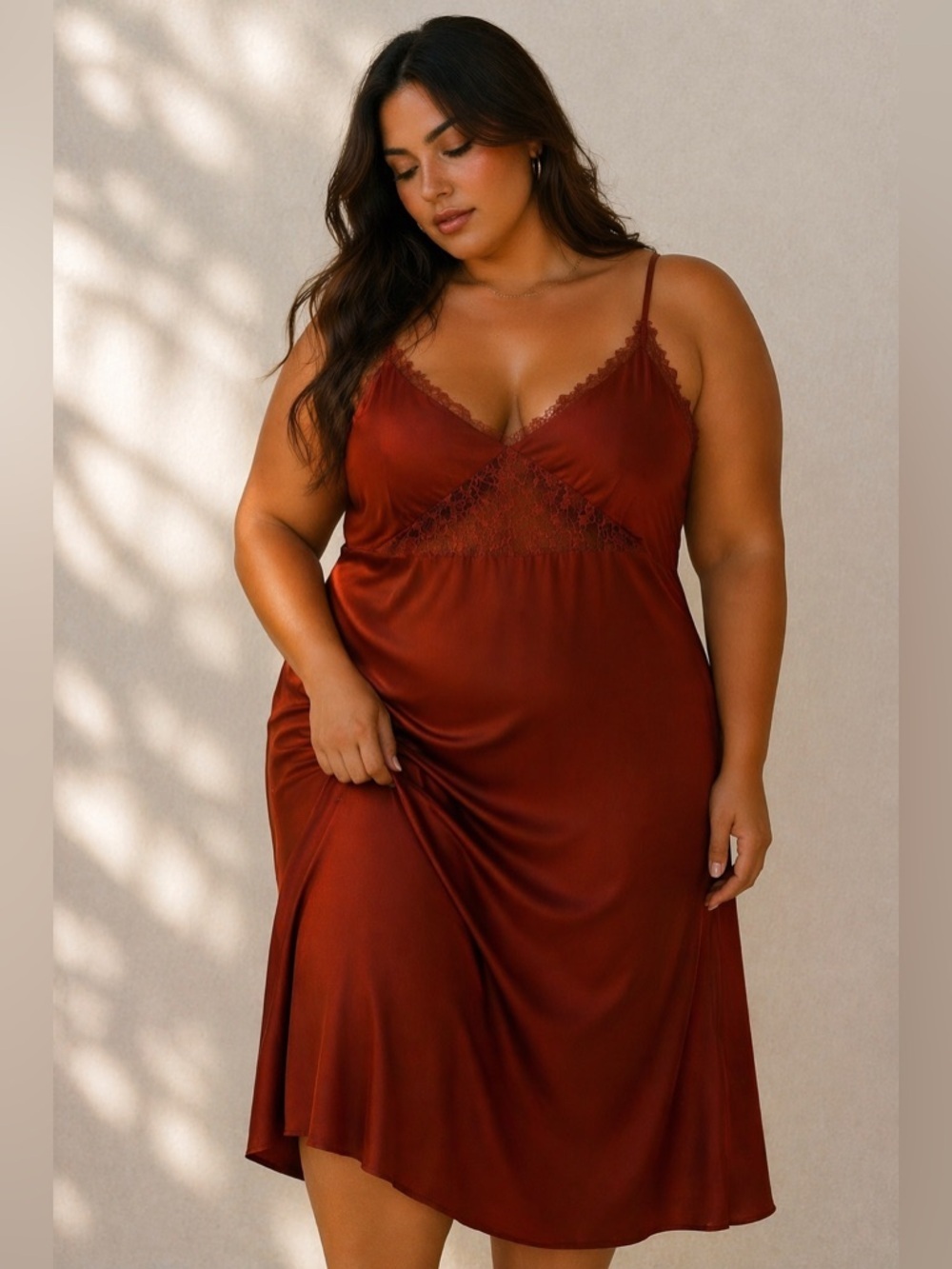 Rust Satin Lace Slip Dress Spaghetti Strap Midi Lace Romantic Size XL Burnt Rust